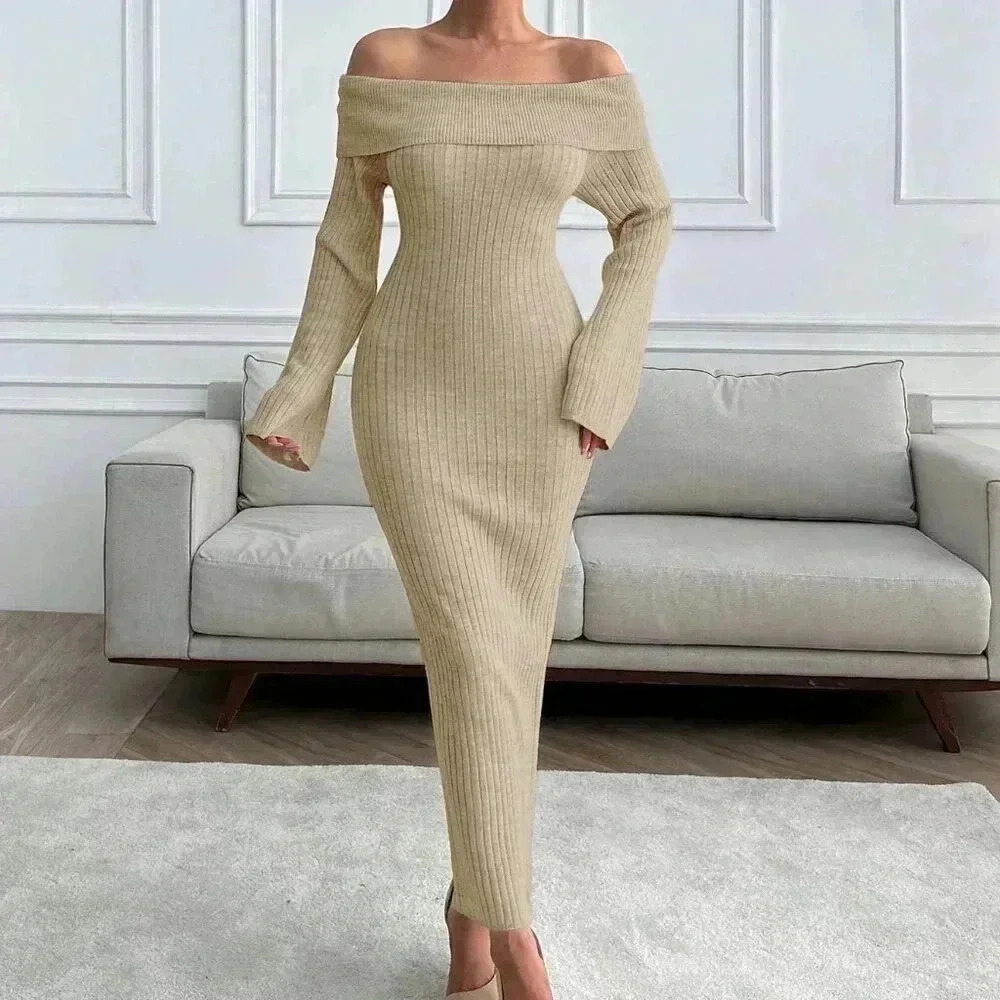 Beige Elegant Women's Off Shoulder Long Sleeve Ribbed Bodycon Knit Sweater Dress - Picture 3 of 6